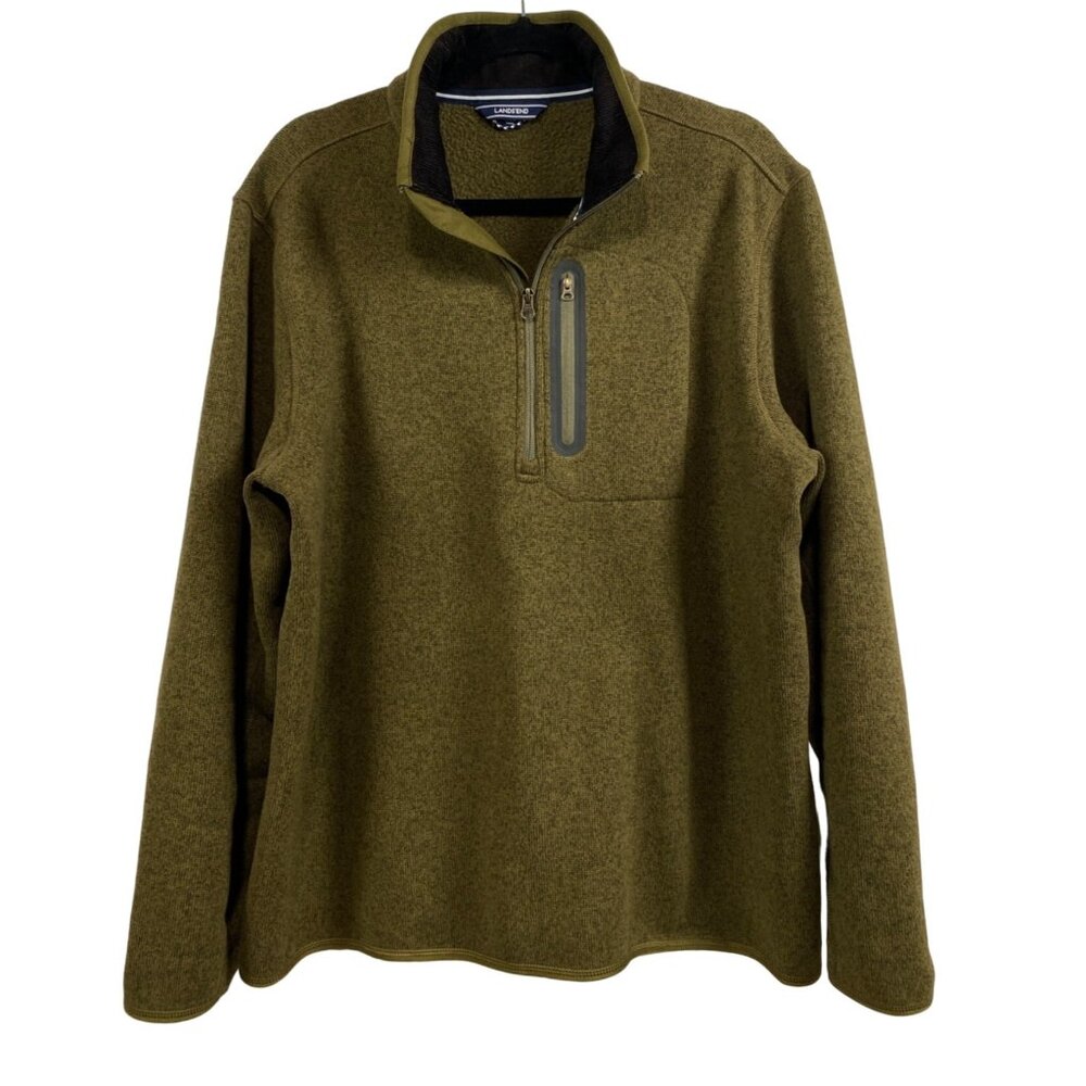 Lands End Sweater Fleece Jacket Quarter Zip Mock Neck Olive Green Mens SZ L